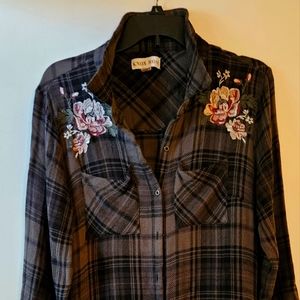 flannel look duster, cardigan.